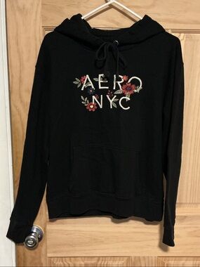 Aeropostale Black Hoodie Sweater with Floral Embroidery